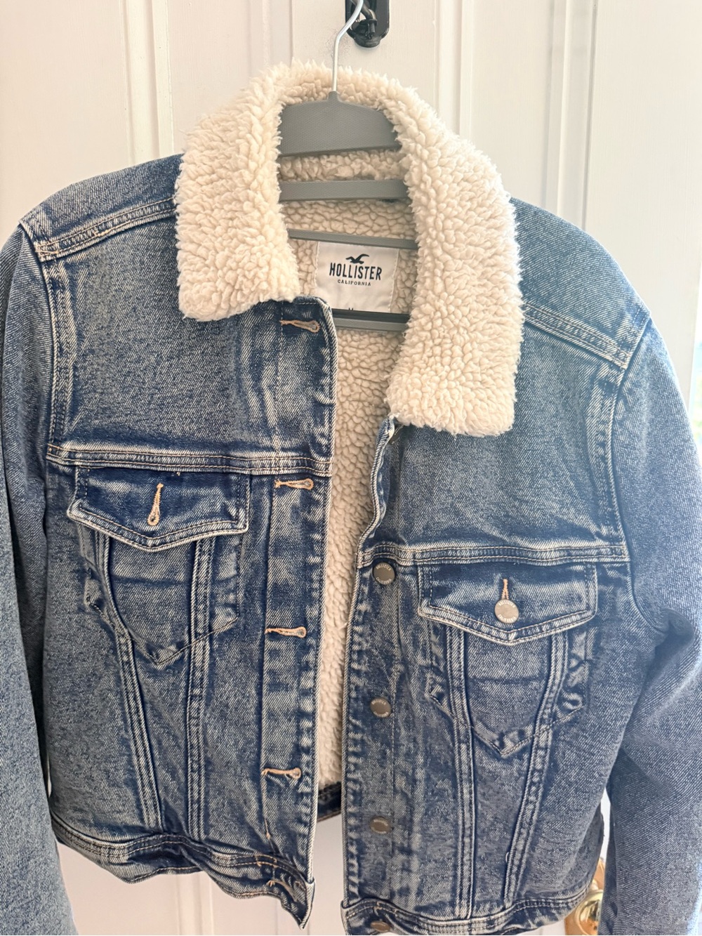 Hollister Light Blue Denim Jacket with Cream Sherpa Collar
